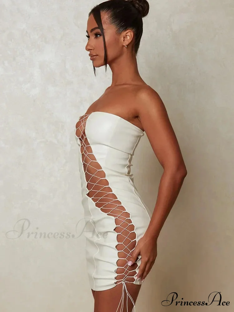 Hollow Out PU Leather Strapless Sleeveless Bodycon Party Short Mini Dress - Image 6