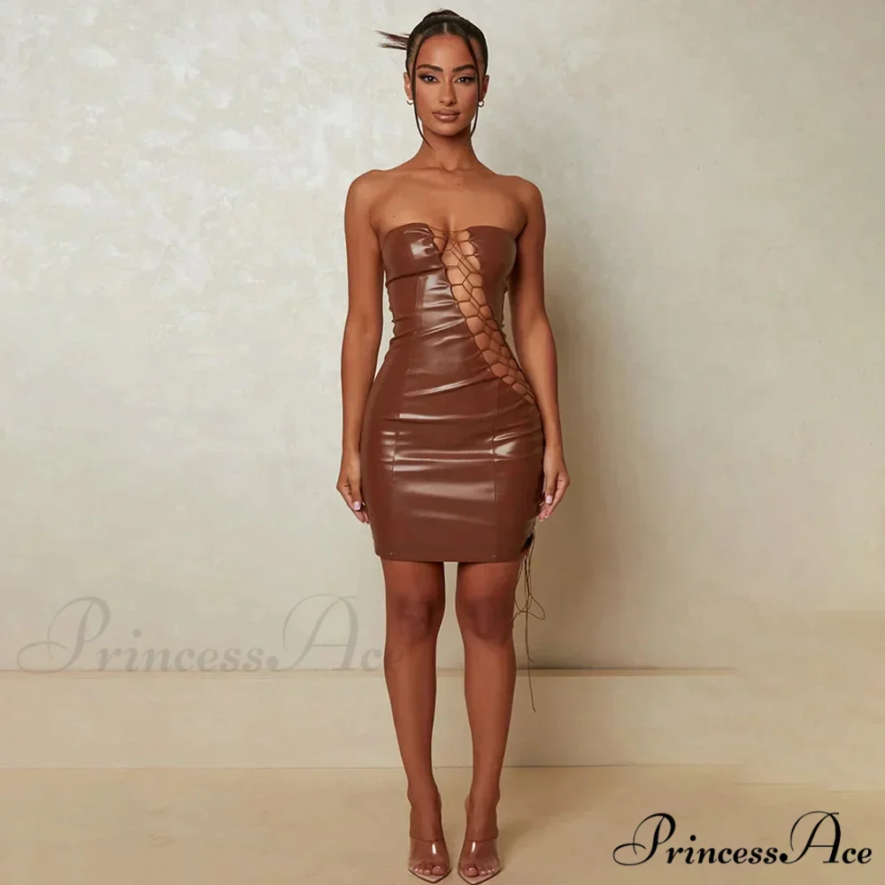 Hollow Out PU Leather Strapless Sleeveless Bodycon Party Short Mini Dress - Image 7