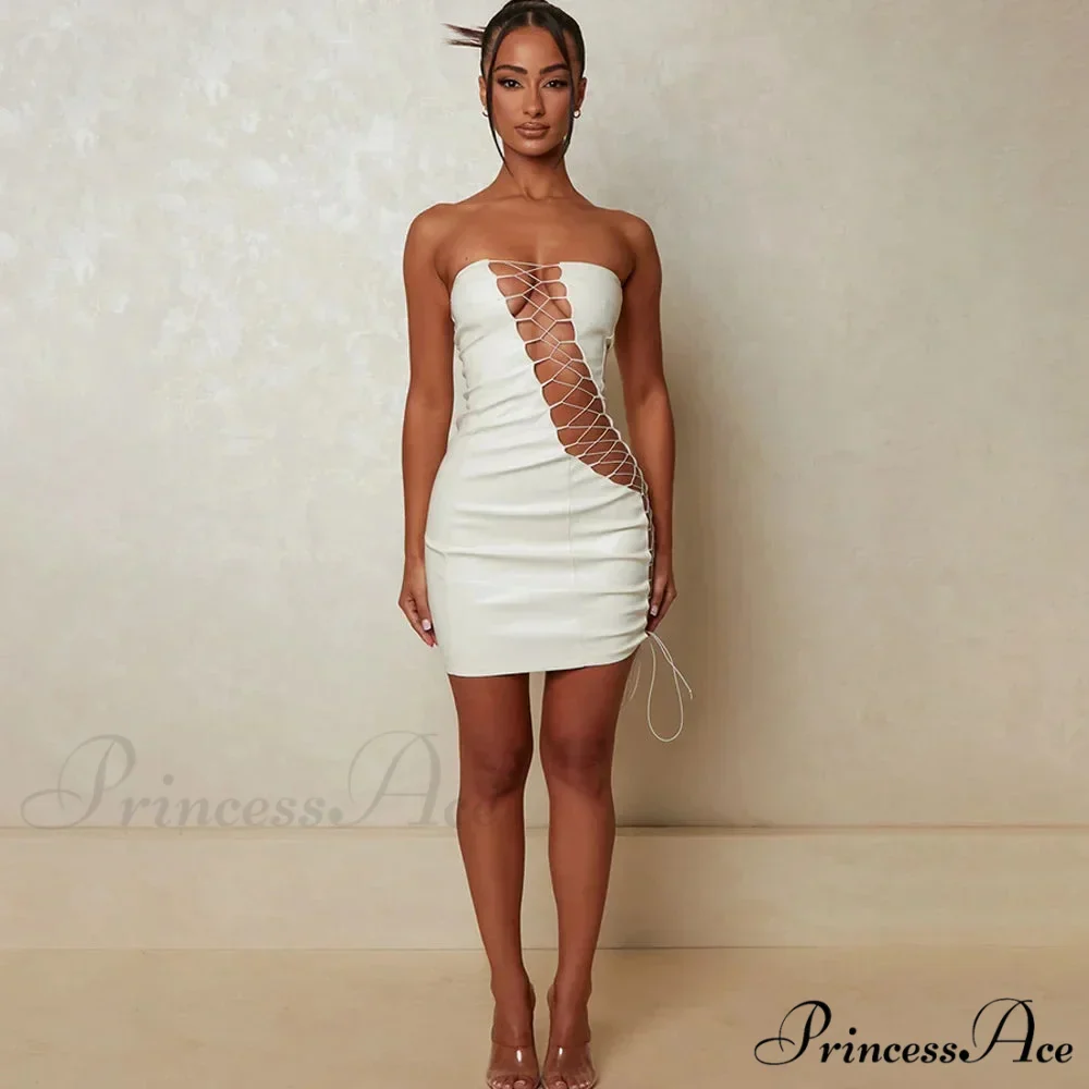 Hollow Out PU Leather Strapless Sleeveless Bodycon Party Short Mini Dress - Image 9