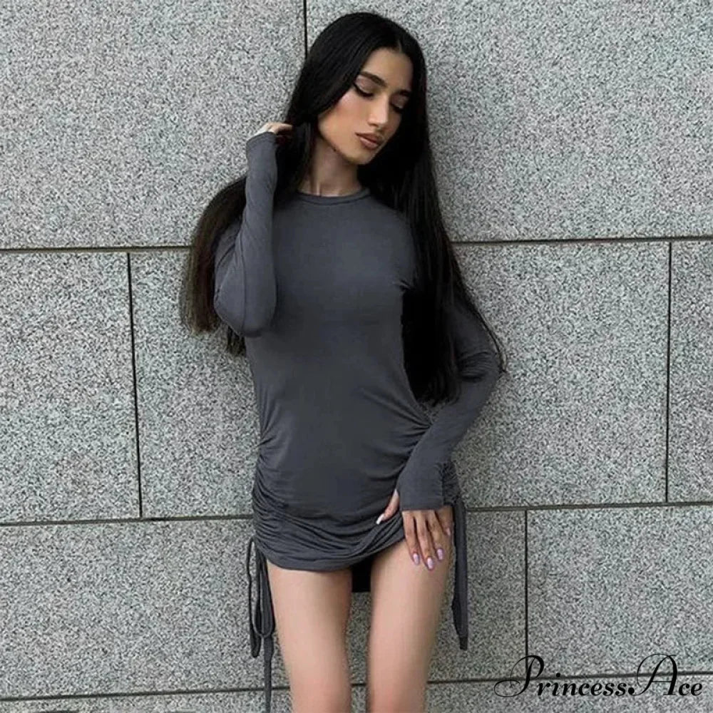 Drawstring Long Sleeve Club Party Bodycon Solid Mini Dress - Image 3