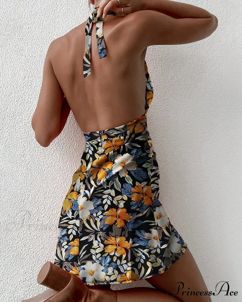 Flowers Halter Tie Up A-Line Backless Mini Dress - Image 4