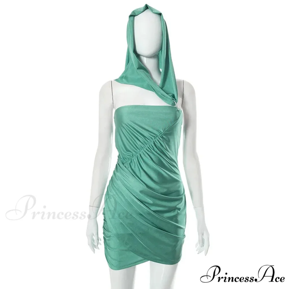 Asymmetrical Ruched Strapless Hooded Mini Dress - Image 4