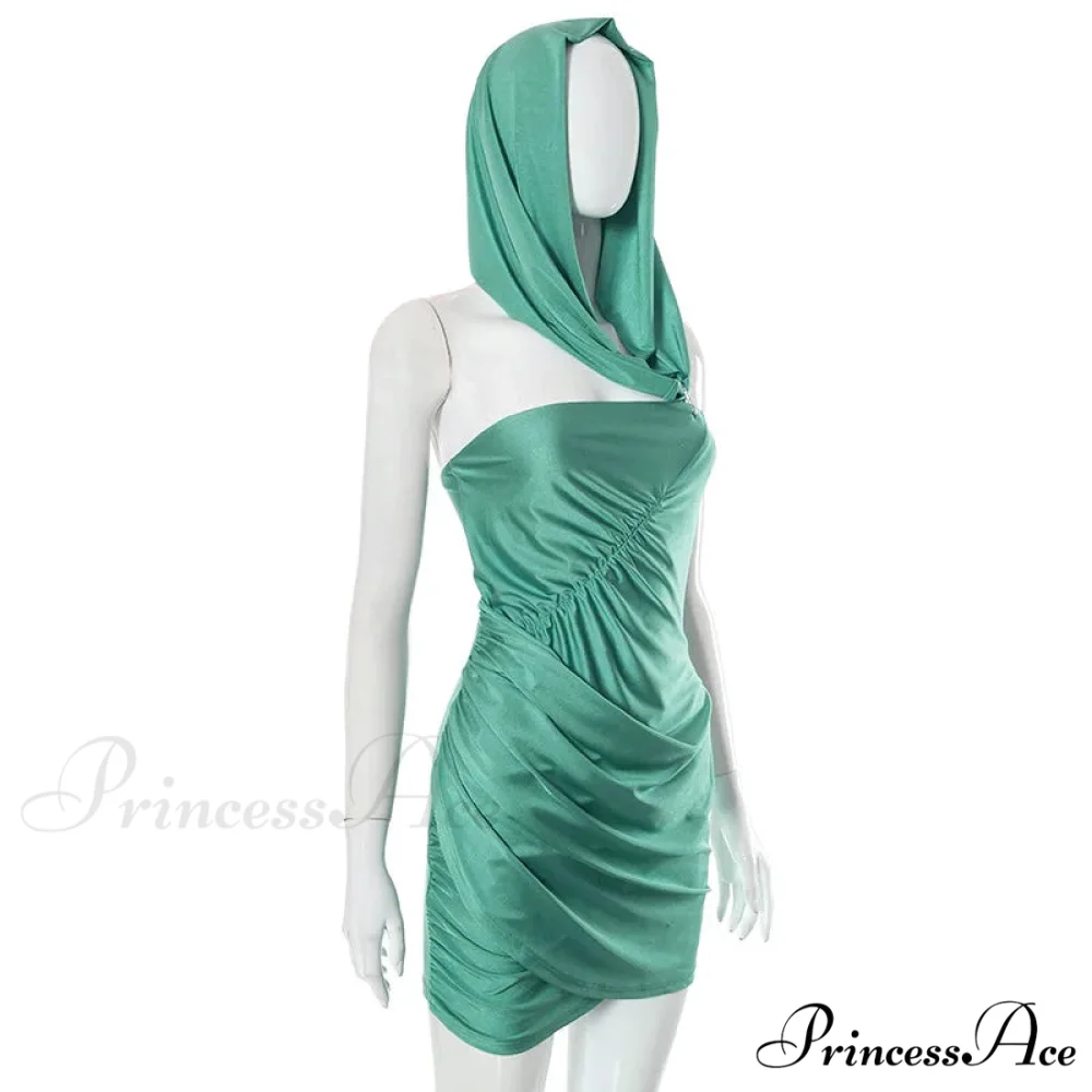 Asymmetrical Ruched Strapless Hooded Mini Dress - Image 5