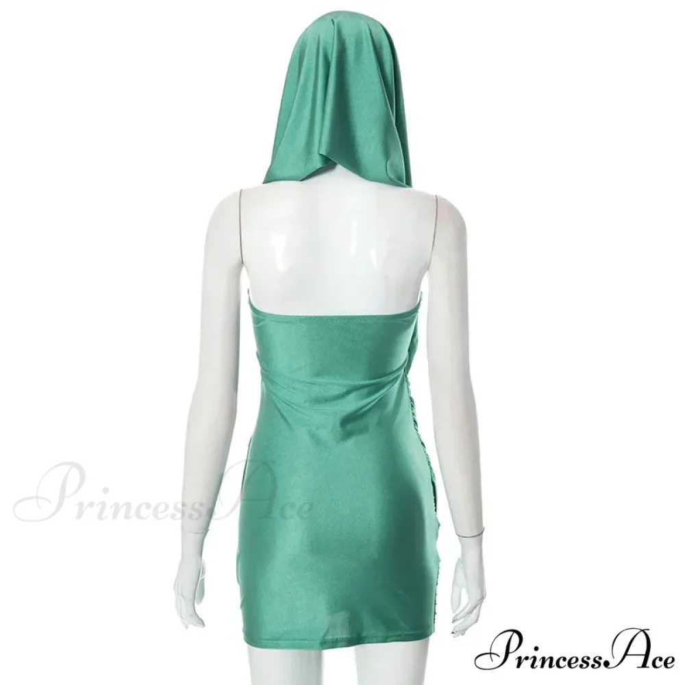 Asymmetrical Ruched Strapless Hooded Mini Dress - Image 6