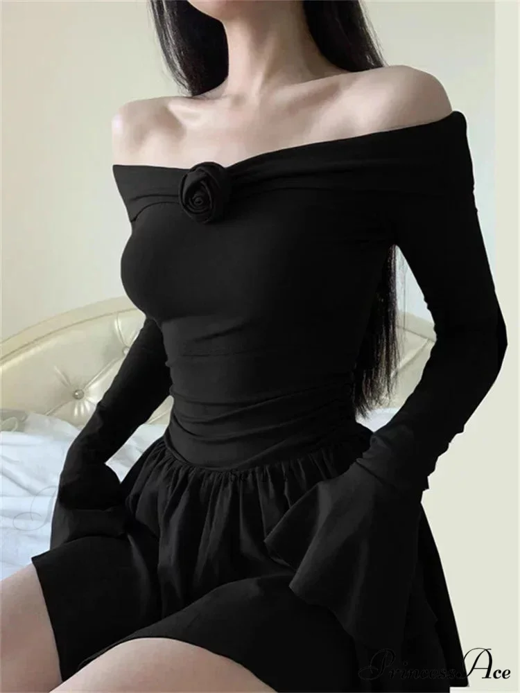 Flower Bodycon Ruffled Off Shoulders Casual Slim Mini Dress - Image 3