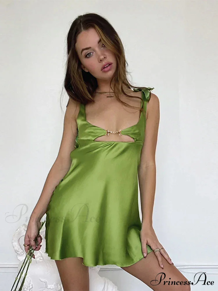Sleeveless Satin Hollow Out Mini Dress - Image 3