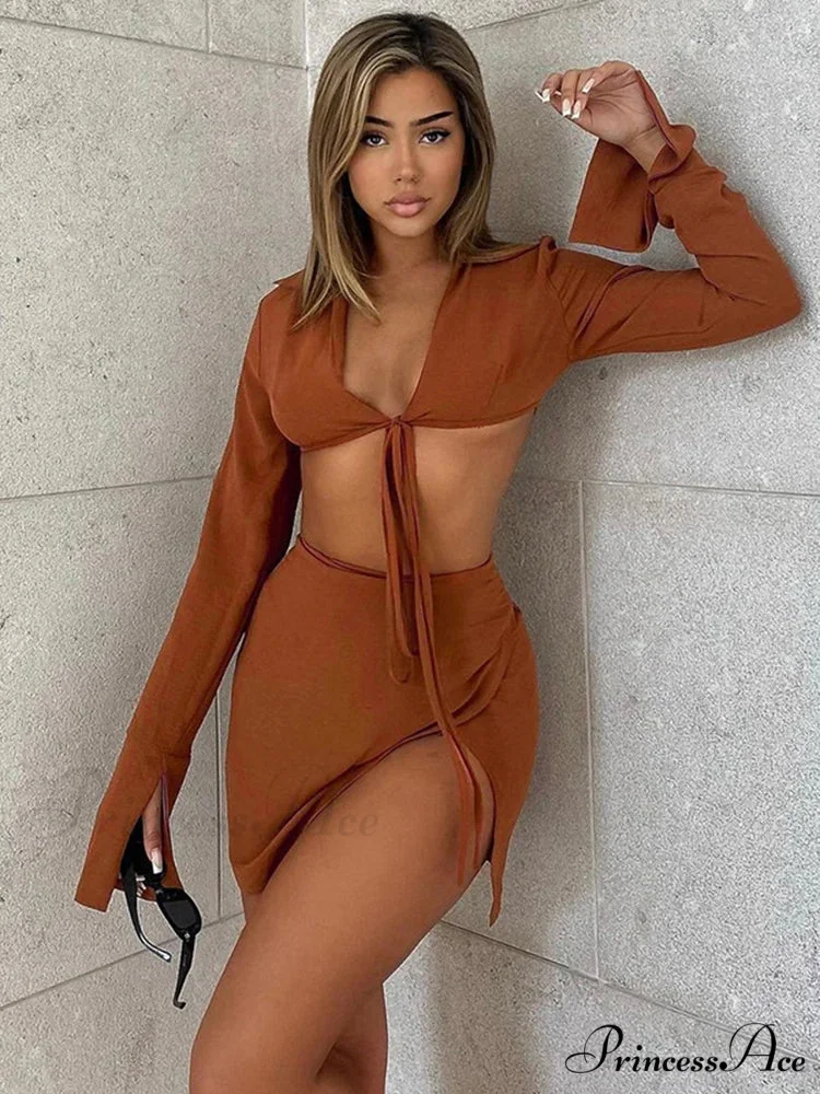 Brown Tie Front Top Skirt Sets Mini Dress - Image 2