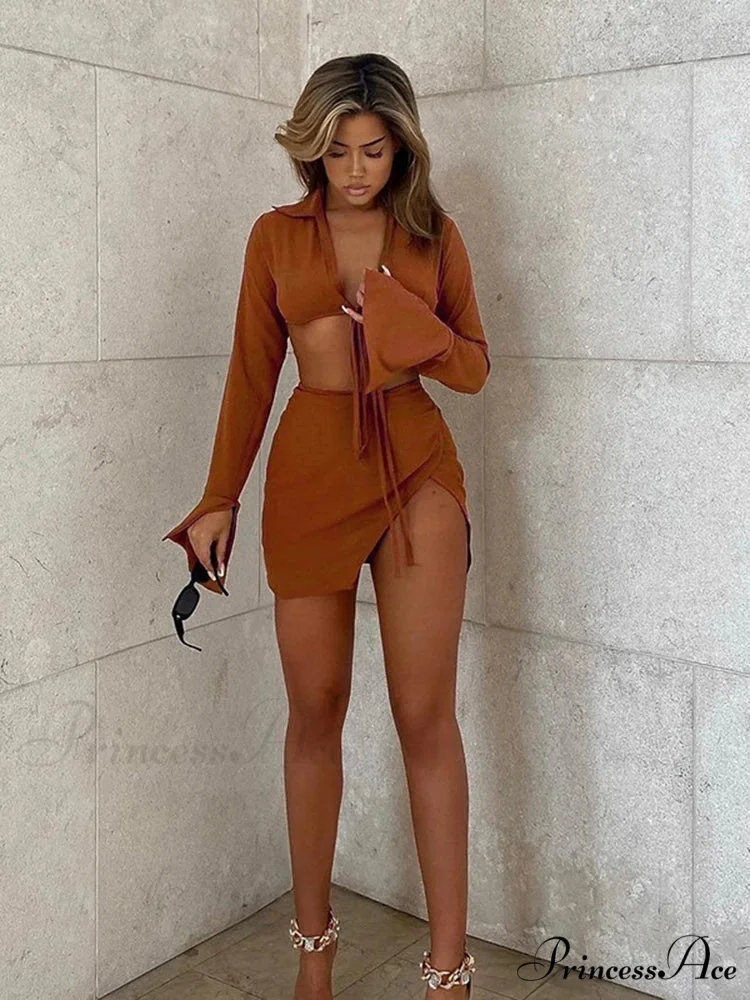 Brown Tie Front Top Skirt Sets Mini Dress - Image 4