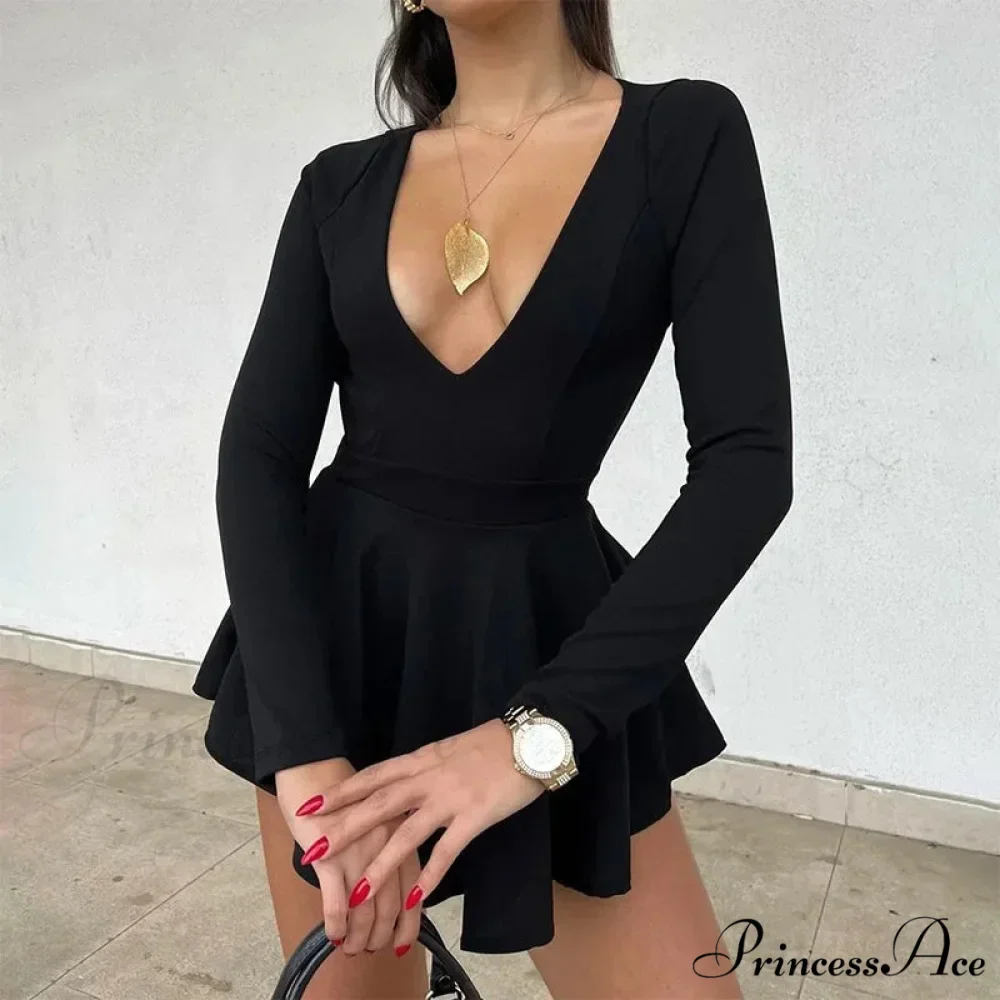 Low Cut Long Sleeve Backless A Line Mini Dress - Image 3