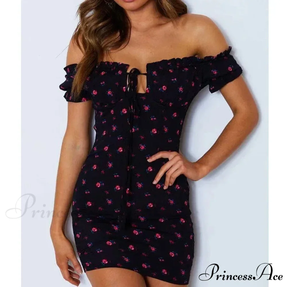 Tie Up Front Office Lady Slash Neck Printed Pencil Mini Dress - Image 3