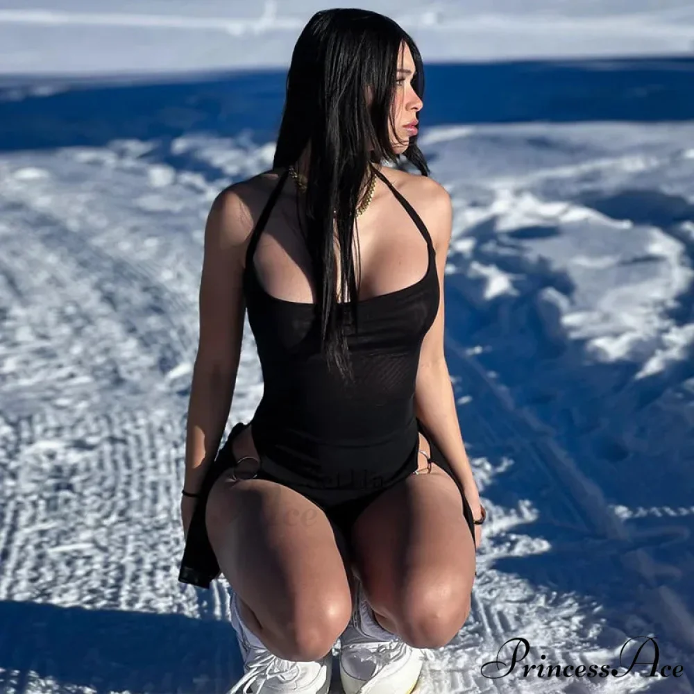 Halter Mesh Sheer Split Elegant See Through Bodycon Mini Dress - Image 2