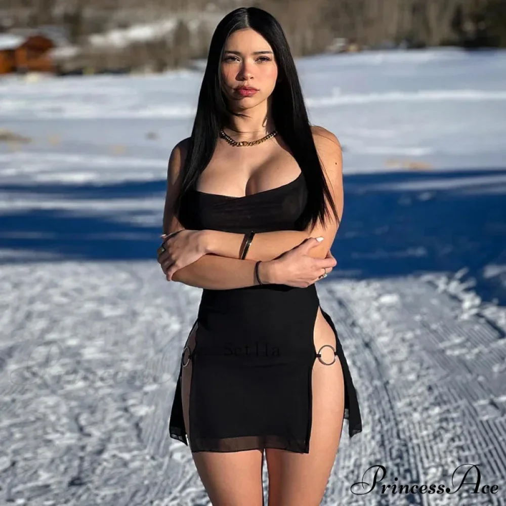 Halter Mesh Sheer Split Elegant See Through Bodycon Mini Dress - Image 5
