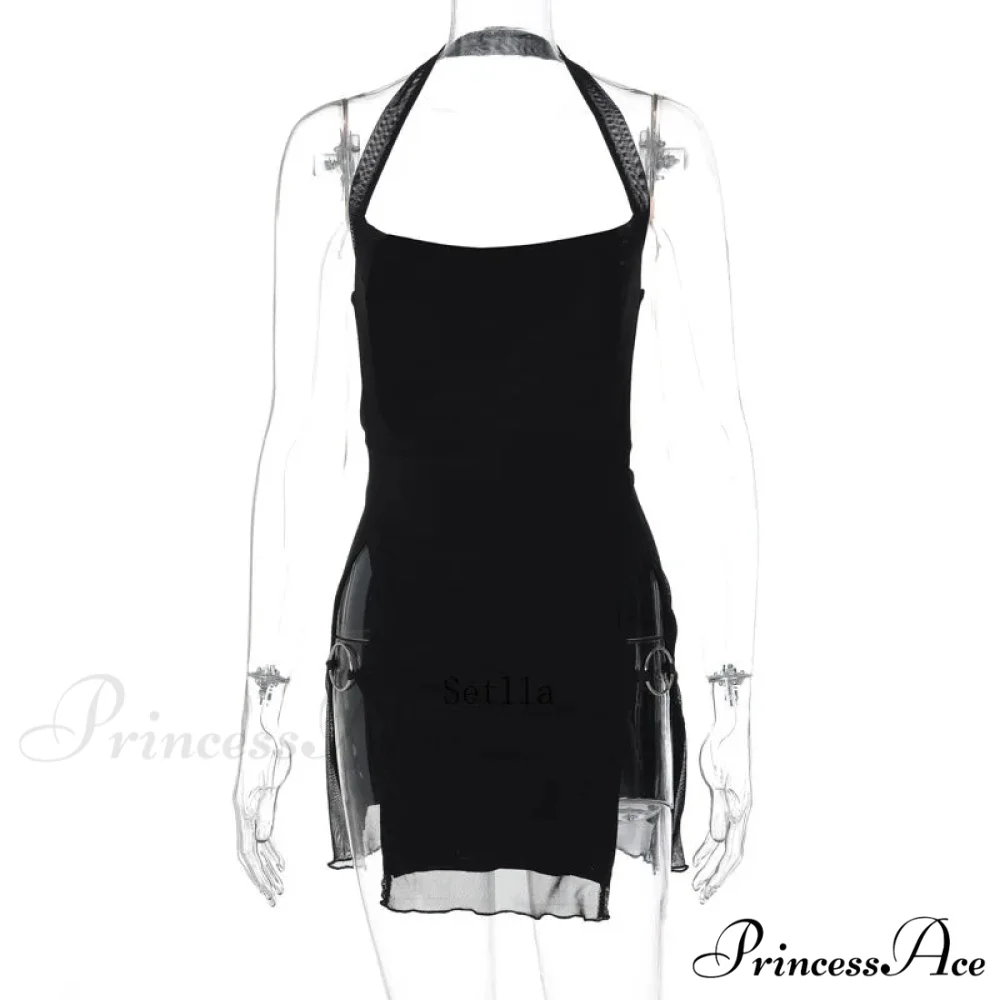 Halter Mesh Sheer Split Elegant See Through Bodycon Mini Dress - Image 6