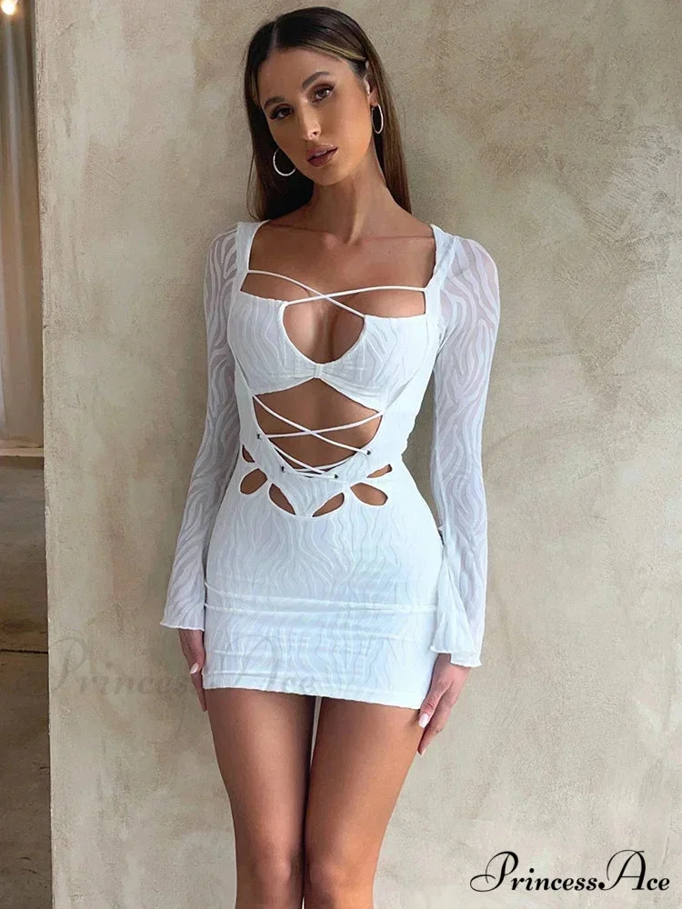 Textured Lace Up Bandage Long Sleeve Bodycon Streetwear Mini Dress - Image 4