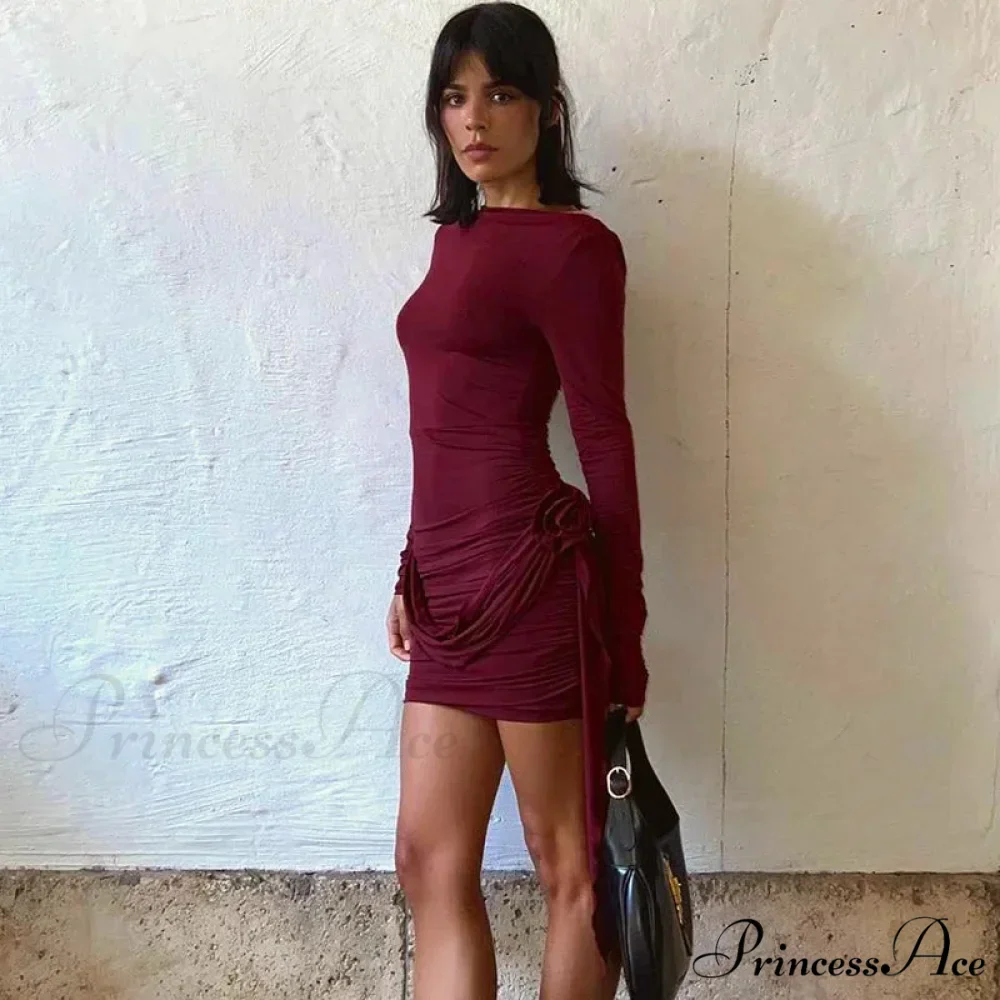 Floral Appliques Long Sleeve Ruched Bodycon Holiday Solid Slim Mini Dress - Image 5