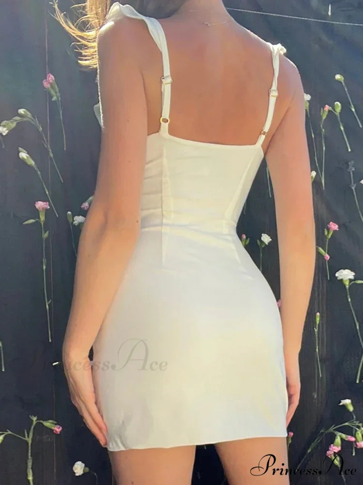Ruffle Bow Tie White Sexy Backless Split Mini Dress - Image 3