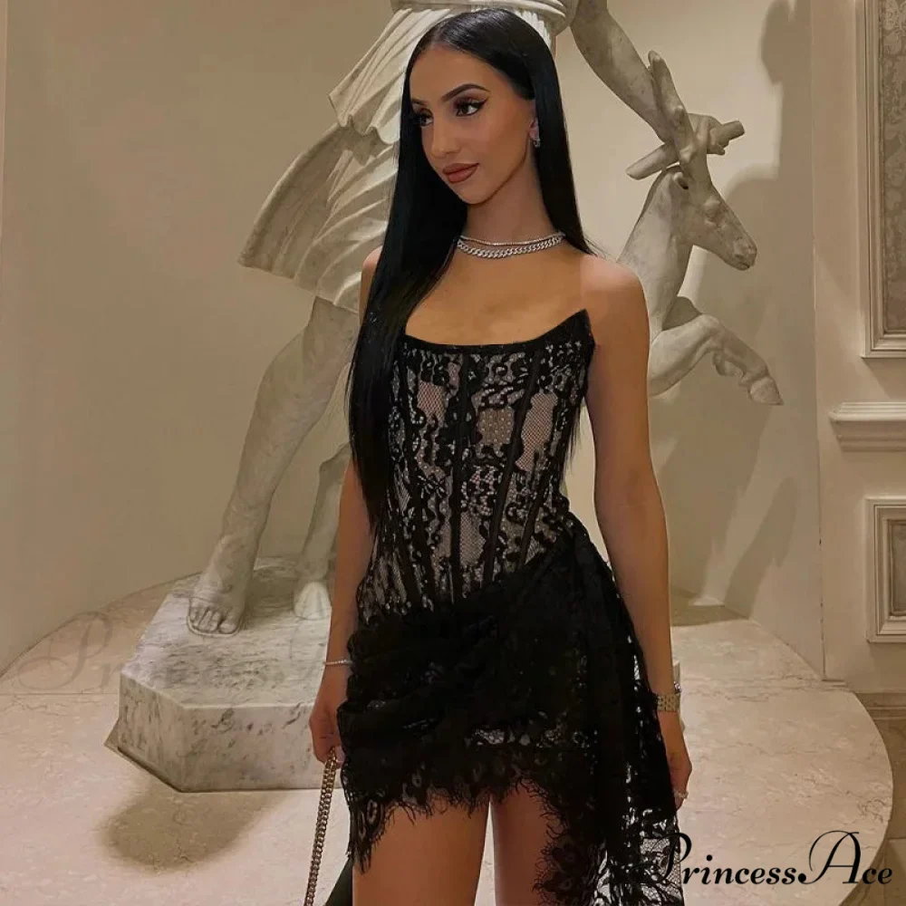 Strapless Lace Trim Corset Party Club Mini Dress - Image 5
