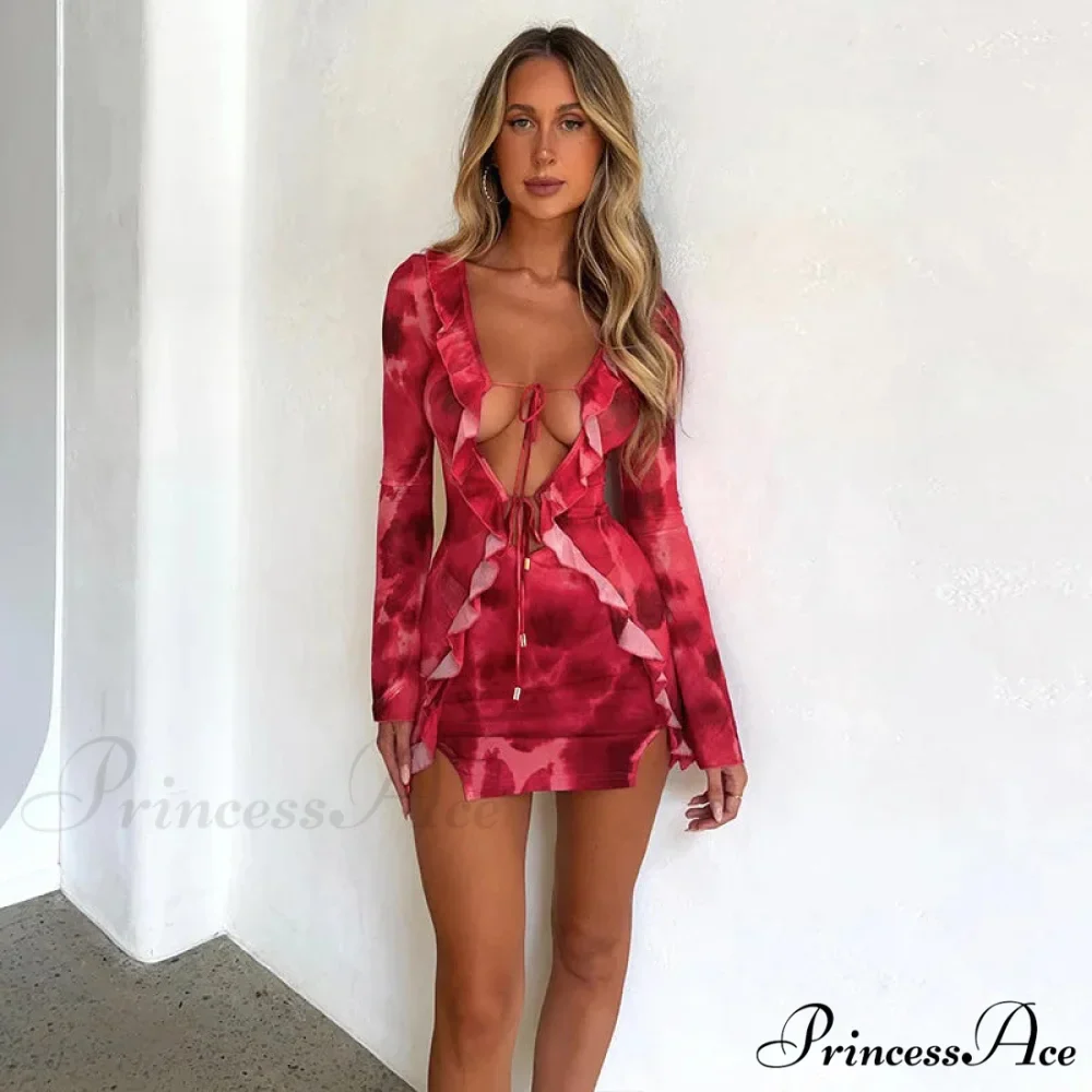 Mesh Ruffle Bodycon Bandage Long Sleeve Mini Dress - Image 10