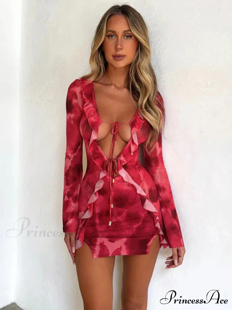 Mesh Ruffle Bodycon Bandage Long Sleeve Mini Dress - Image 2
