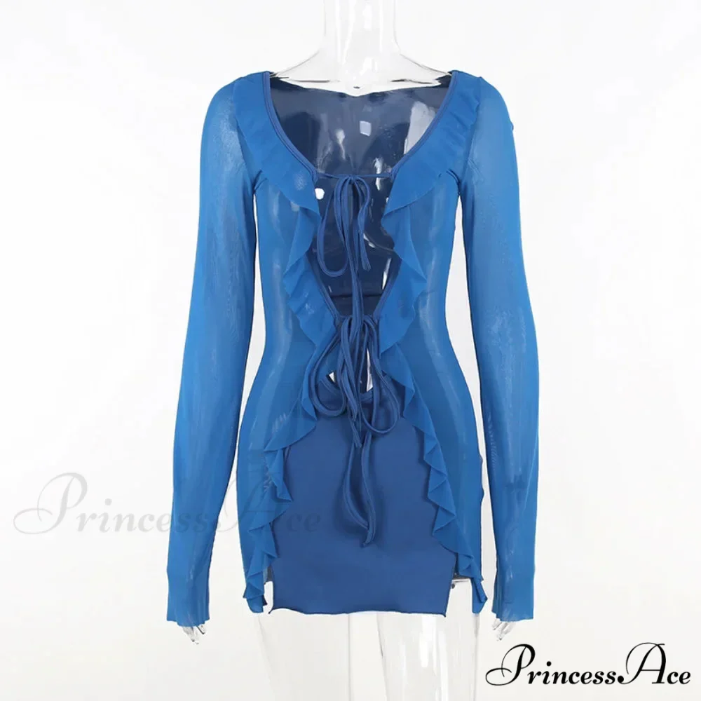Mesh Ruffle Bodycon Bandage Long Sleeve Mini Dress - Image 6