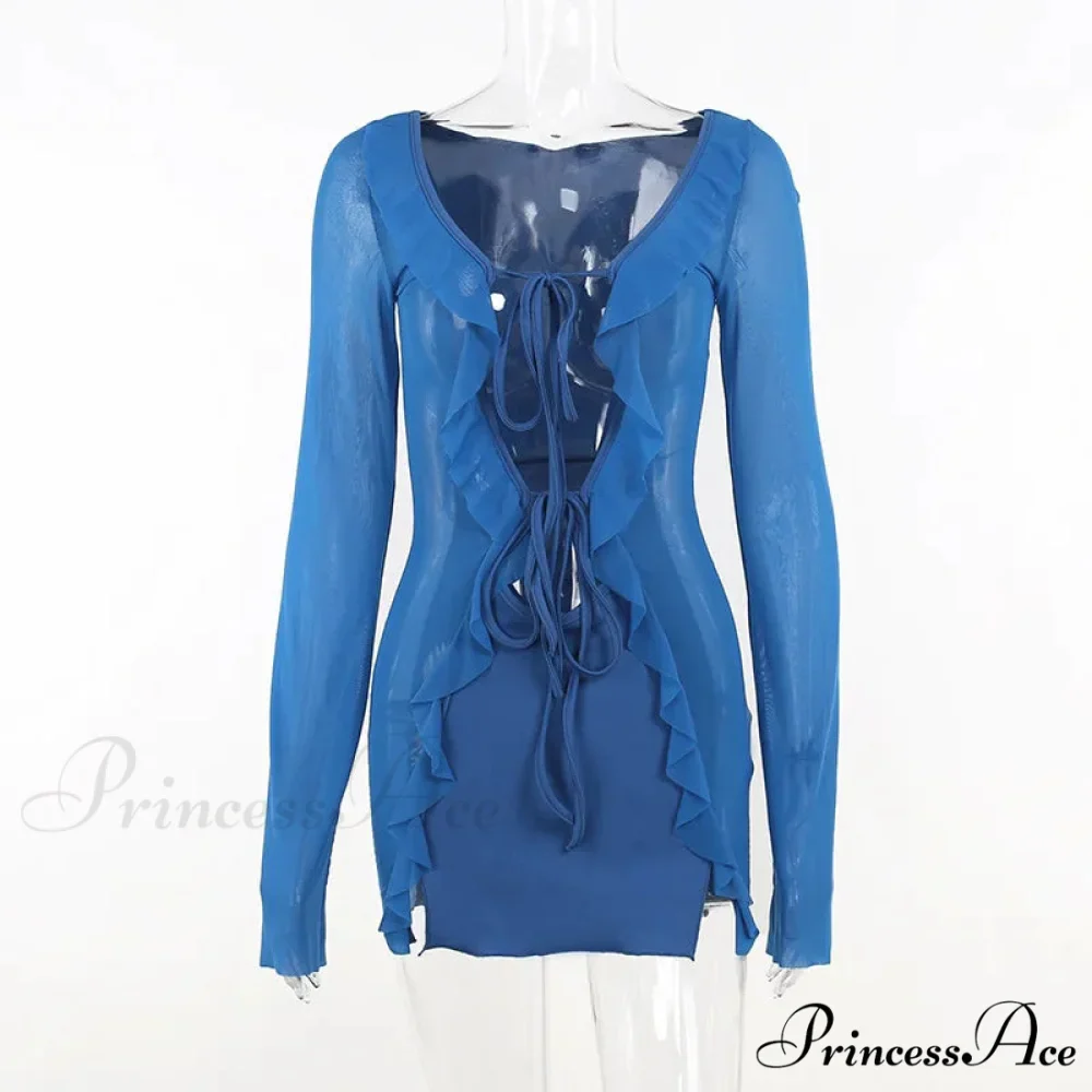 Mesh Ruffle Bodycon Bandage Long Sleeve Mini Dress - Image 8