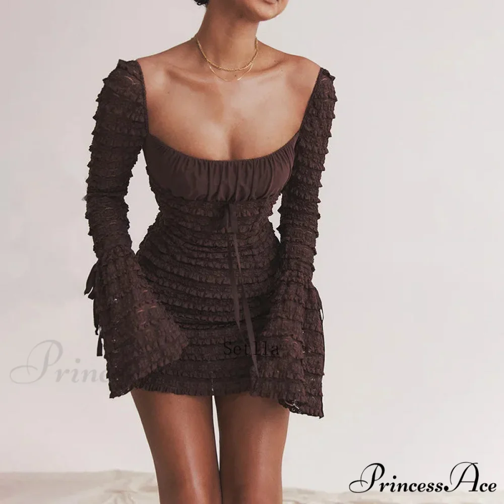 Floral Lace Club Party Rich Brown Flare Sleeve Mini Dress - Image 2