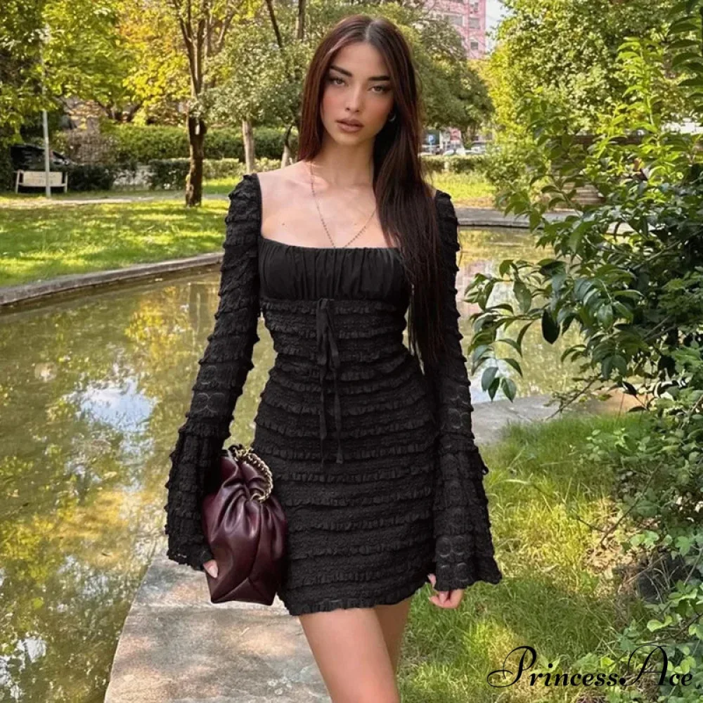 Floral Lace Club Party Rich Brown Flare Sleeve Mini Dress - Image 7
