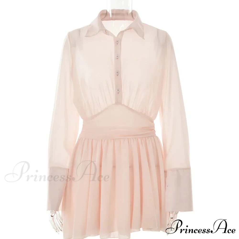 Fashion Single Breasted Pleated Sheer Mini Dress - Image 8