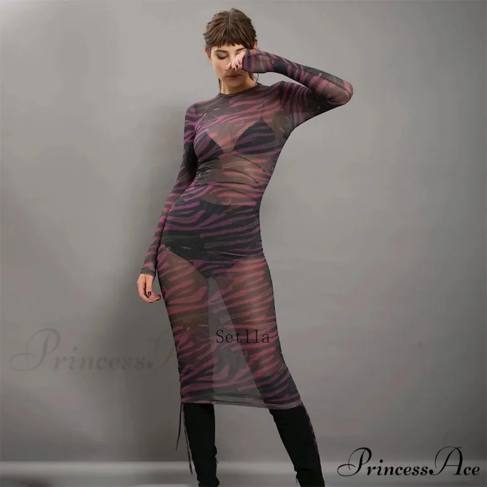 Print Mesh Drawstring Ruched Clubwear Mini Dress - Image 6