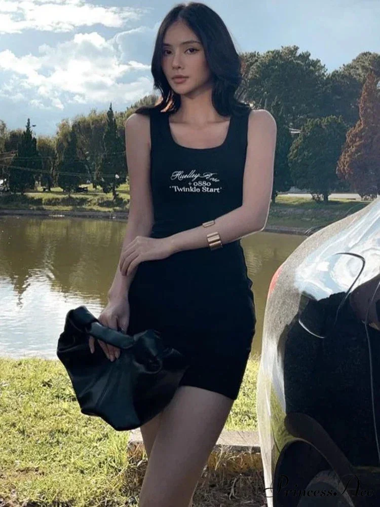 Letter Print Ribbed Tank Bodycon Mini Dress - Image 7