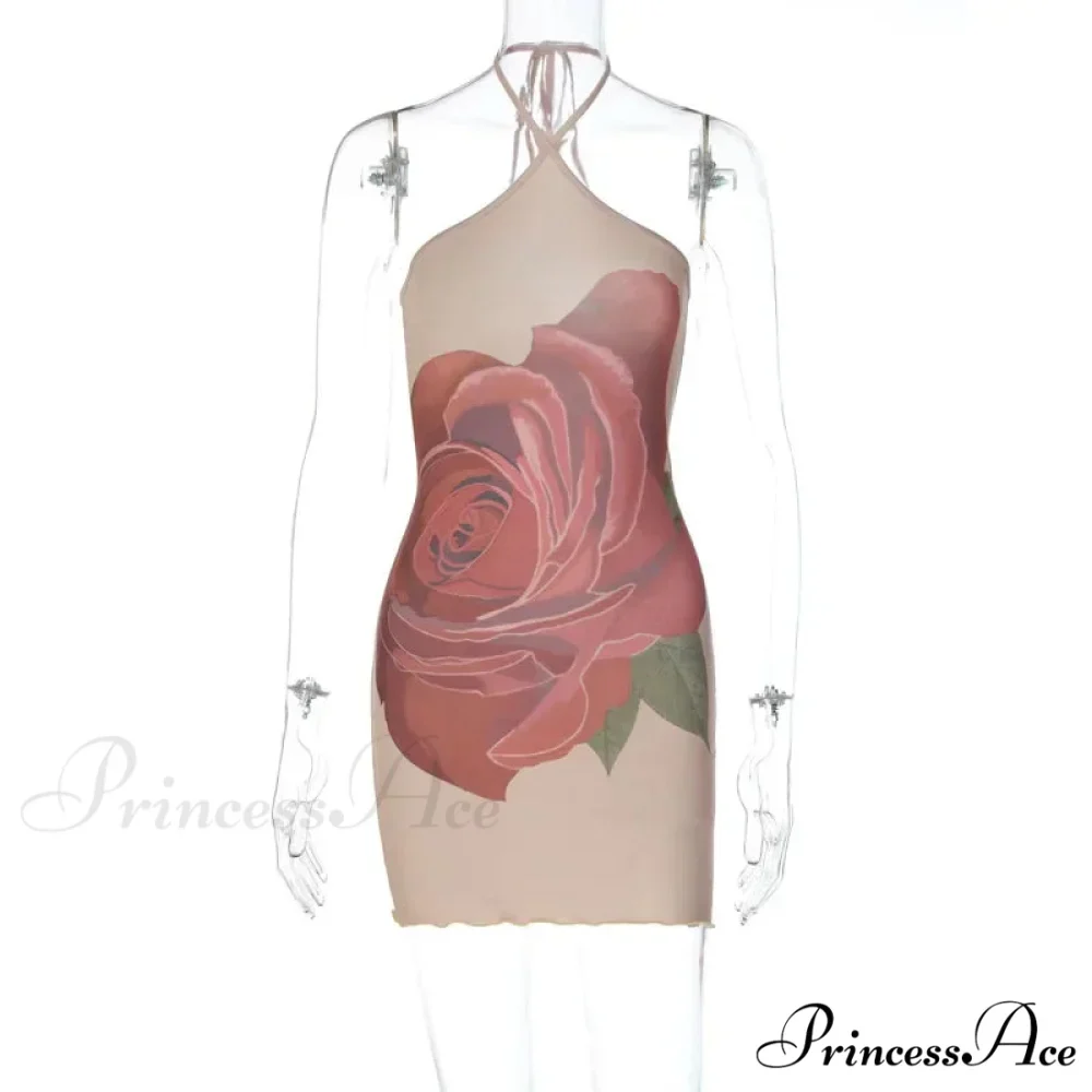 Rose Print Halter Neck Shoulder Short Clubwear Mini Dress - Image 5