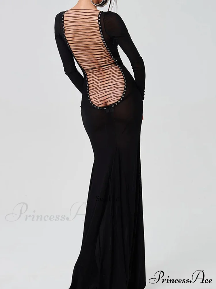 See Through Bodycon Sleeve Maxi Dress - Image 4