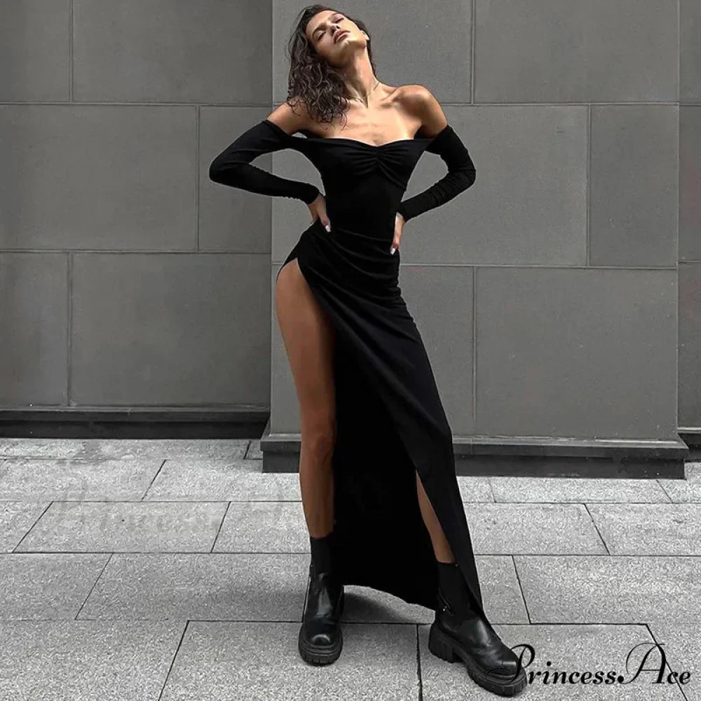 Off Shoulder Sleeve High Split Maxi Dress - Image 2