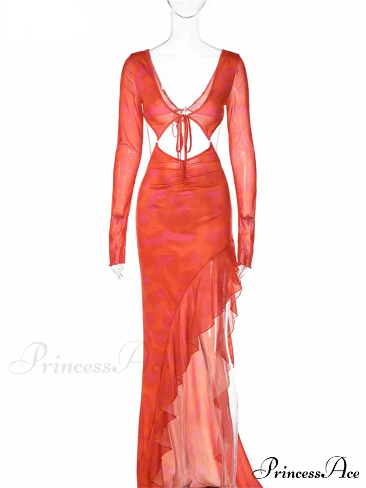 Orange Ruffles Cut Out Long Maxi Dress - Image 5