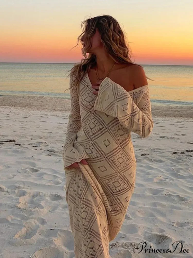 Knit Hollow V Sweater Maxi Dress - Image 4