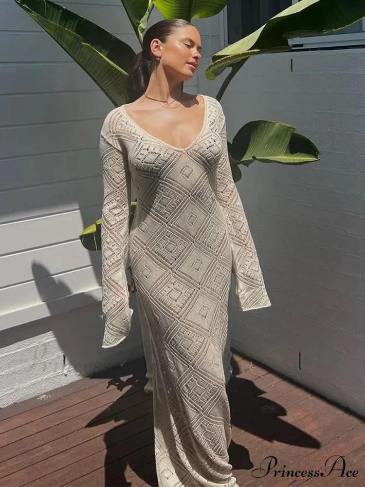 Knit Hollow V Sweater Maxi Dress - Image 7
