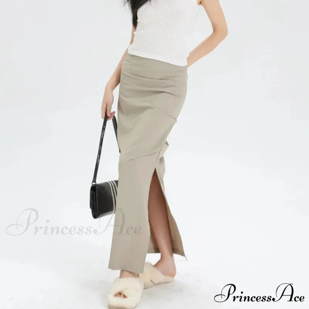 Slit Pleated Solid Long Skirt Vintage Korean Casual Skirt - Image 2