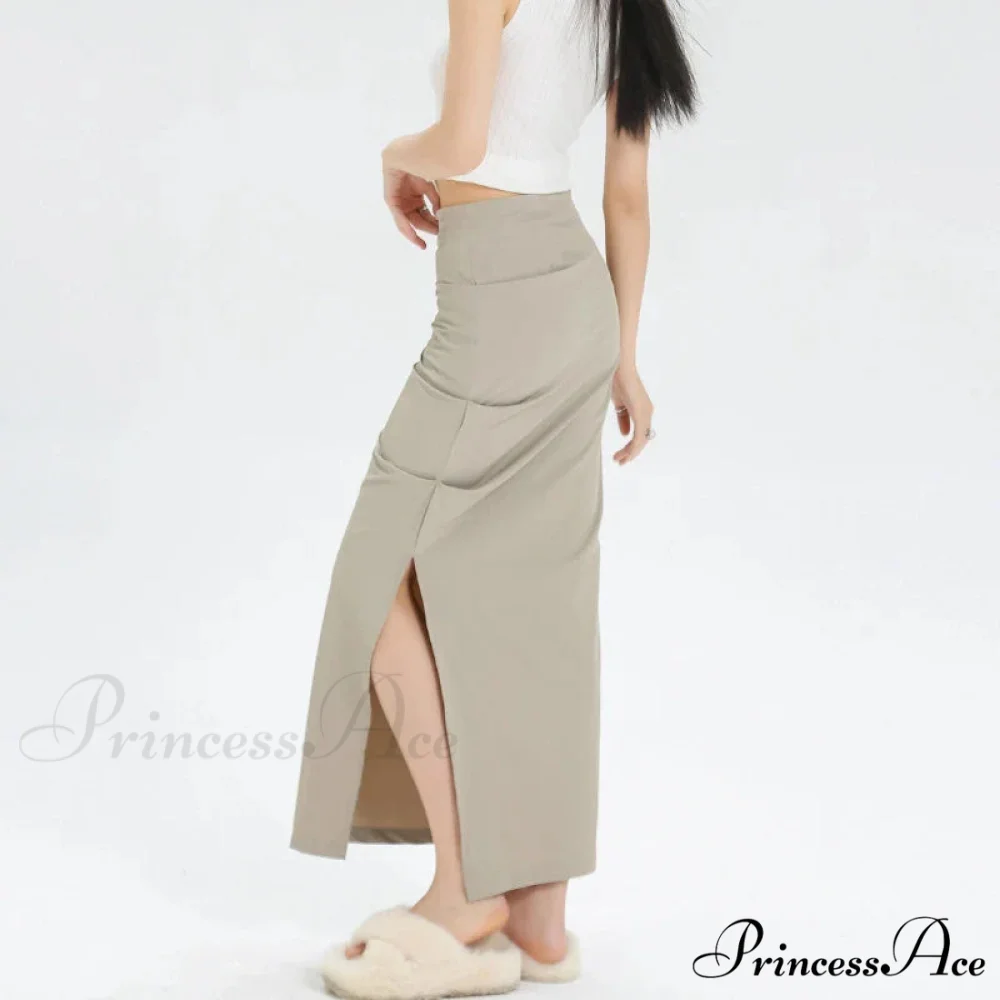 Slit Pleated Solid Long Skirt Vintage Korean Casual Skirt - Image 3