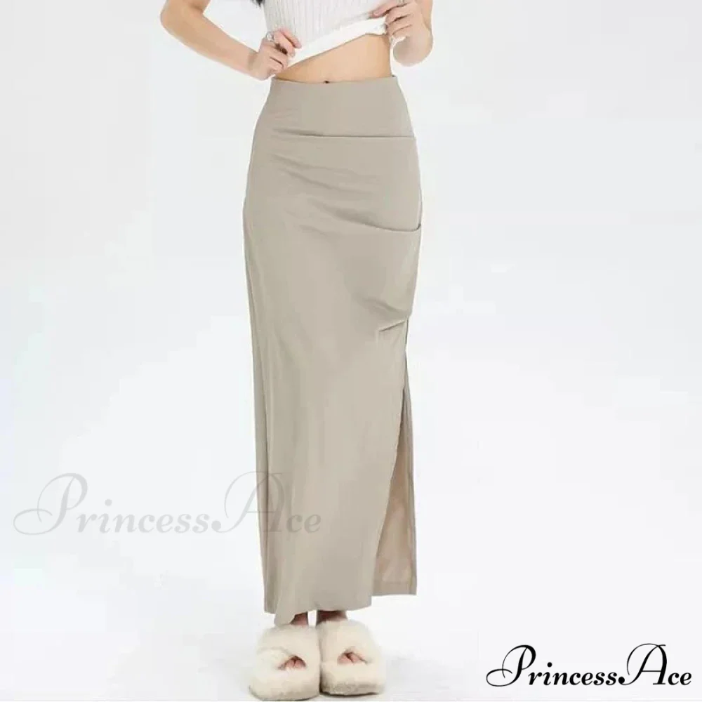 Slit Pleated Solid Long Skirt Vintage Korean Casual Skirt - Image 4