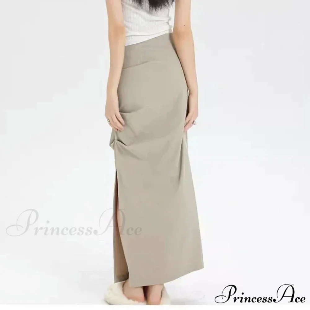 Slit Pleated Solid Long Skirt Vintage Korean Casual Skirt - Image 5
