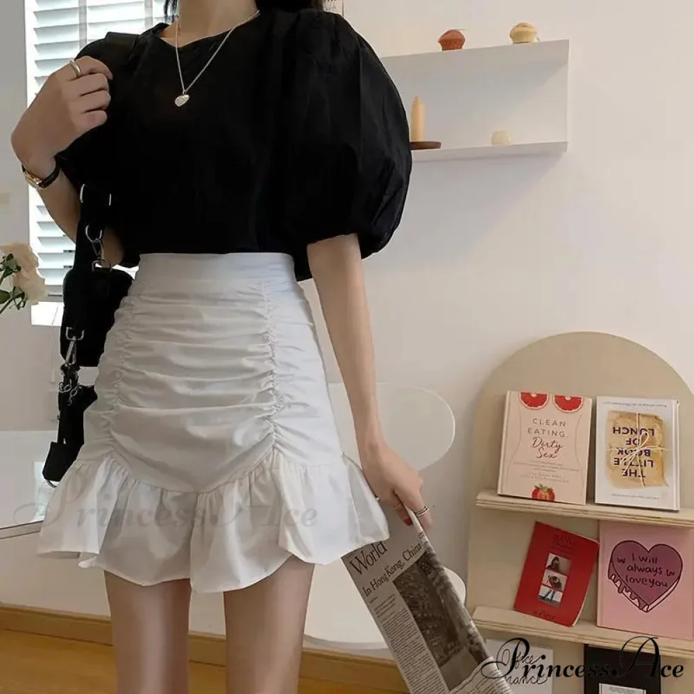 Ruffle Sweet Mini Skirt White A-line Solid Cute Skirt - Image 3