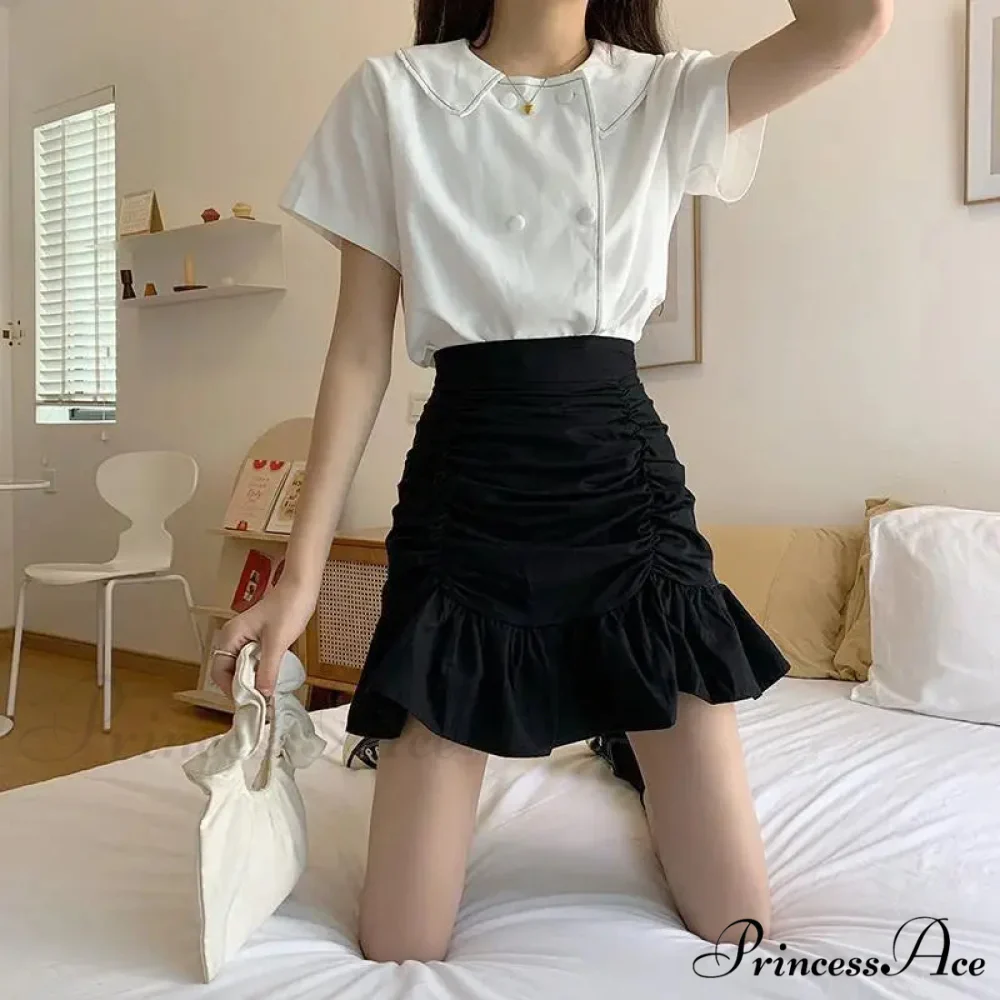 Ruffle Sweet Mini Skirt White A-line Solid Cute Skirt - Image 4