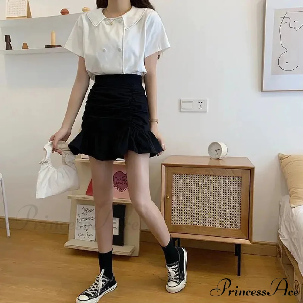 Ruffle Sweet Mini Skirt White A-line Solid Cute Skirt - Image 5