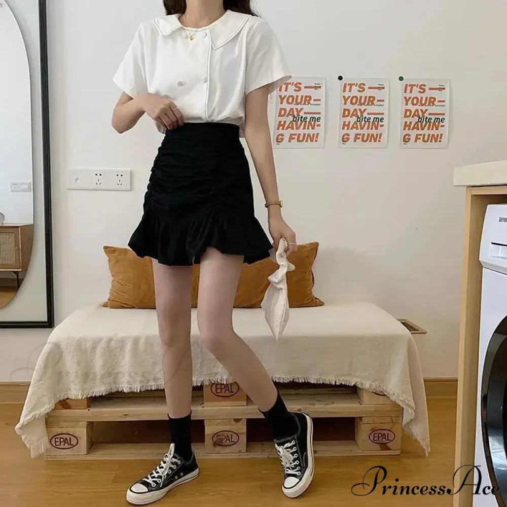 Ruffle Sweet Mini Skirt White A-line Solid Cute Skirt - Image 6