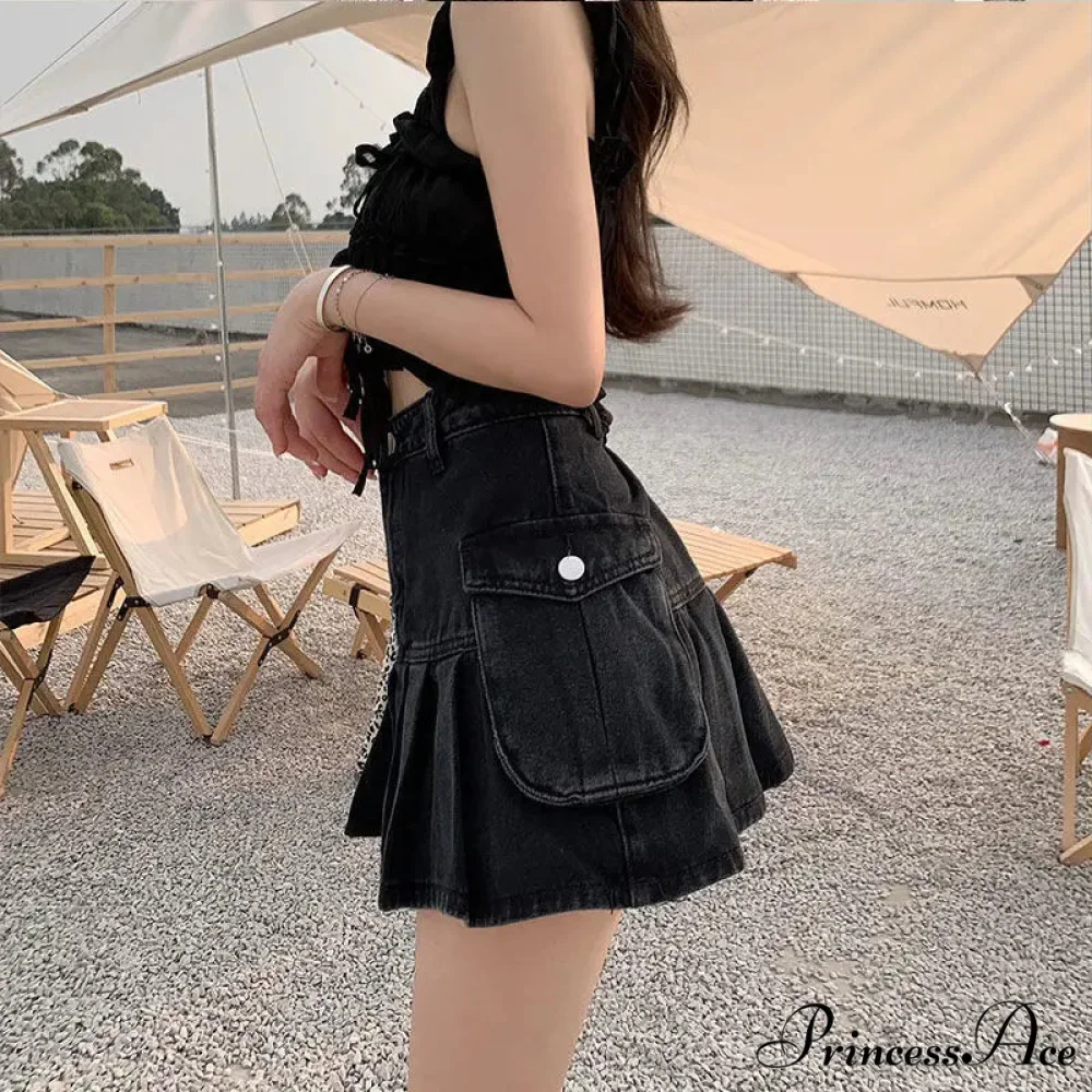 Vintage Pleated Black Y2K Gothic Patchwork A-line Skirt - Image 3