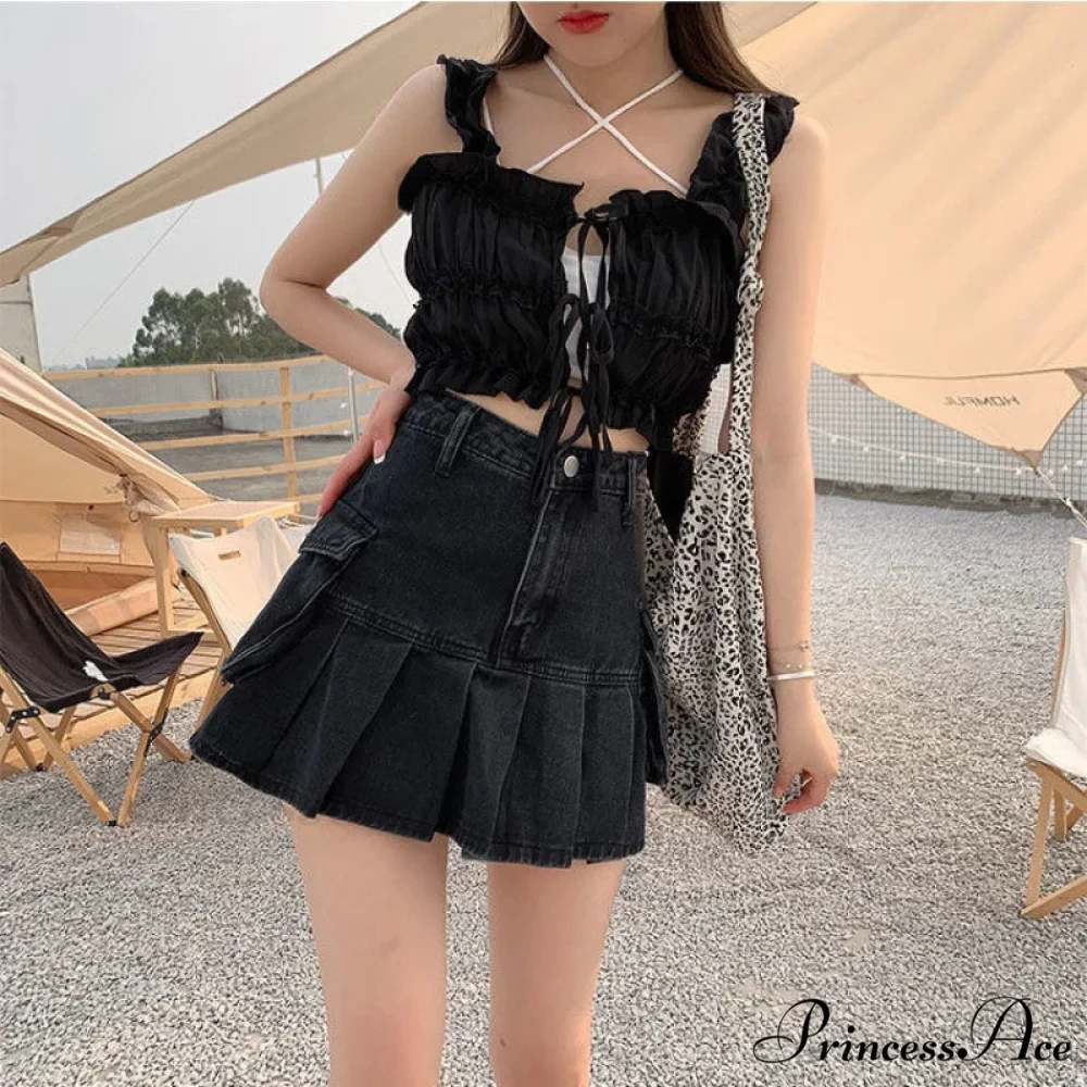 Vintage Pleated Black Y2K Gothic Patchwork A-line Skirt - Image 4