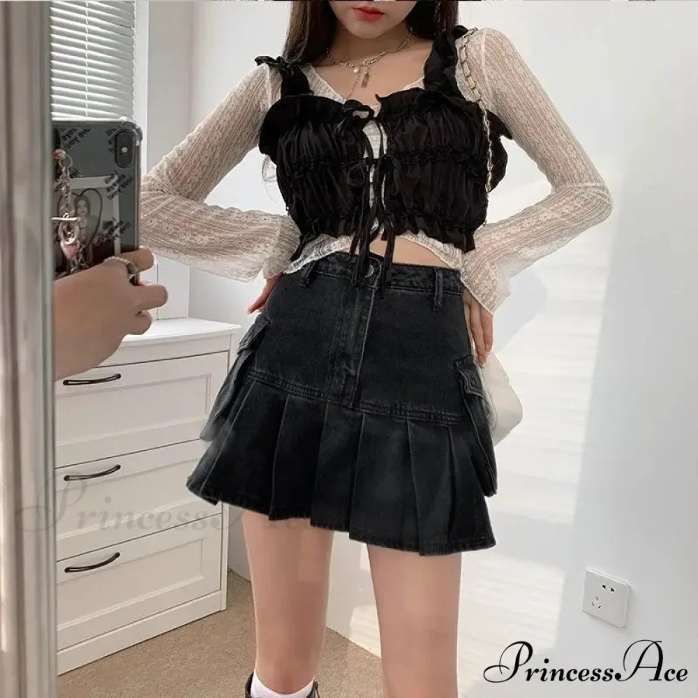 Vintage Pleated Black Y2K Gothic Patchwork A-line Skirt - Image 5