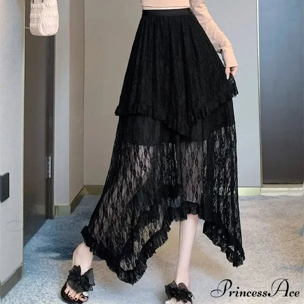 Lace Fairycore Tulle Ruffle Vintage Irregular Skirt - Image 5