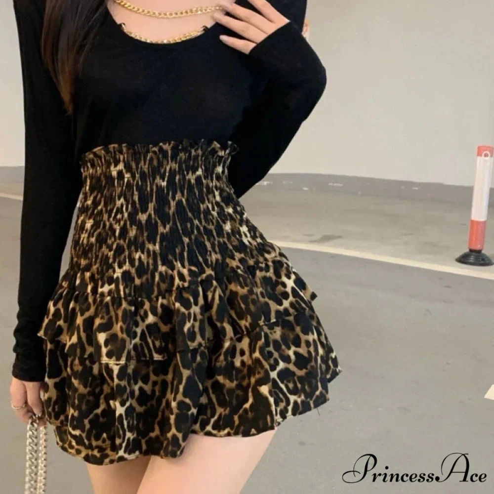 Leopard Print Ruffle Vintage High Waisted Pleated Skirt - Image 3