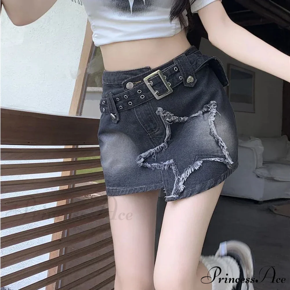 Vintage Black Mini Irregular Belt Retro Skirt - Image 2
